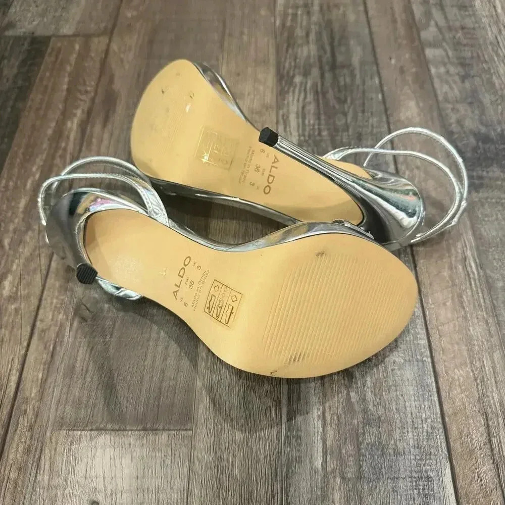 New ALDO Katelina Silver Metallic Strappy Heeled Sandal Heels Size 6 Party - Picture 5 of 6